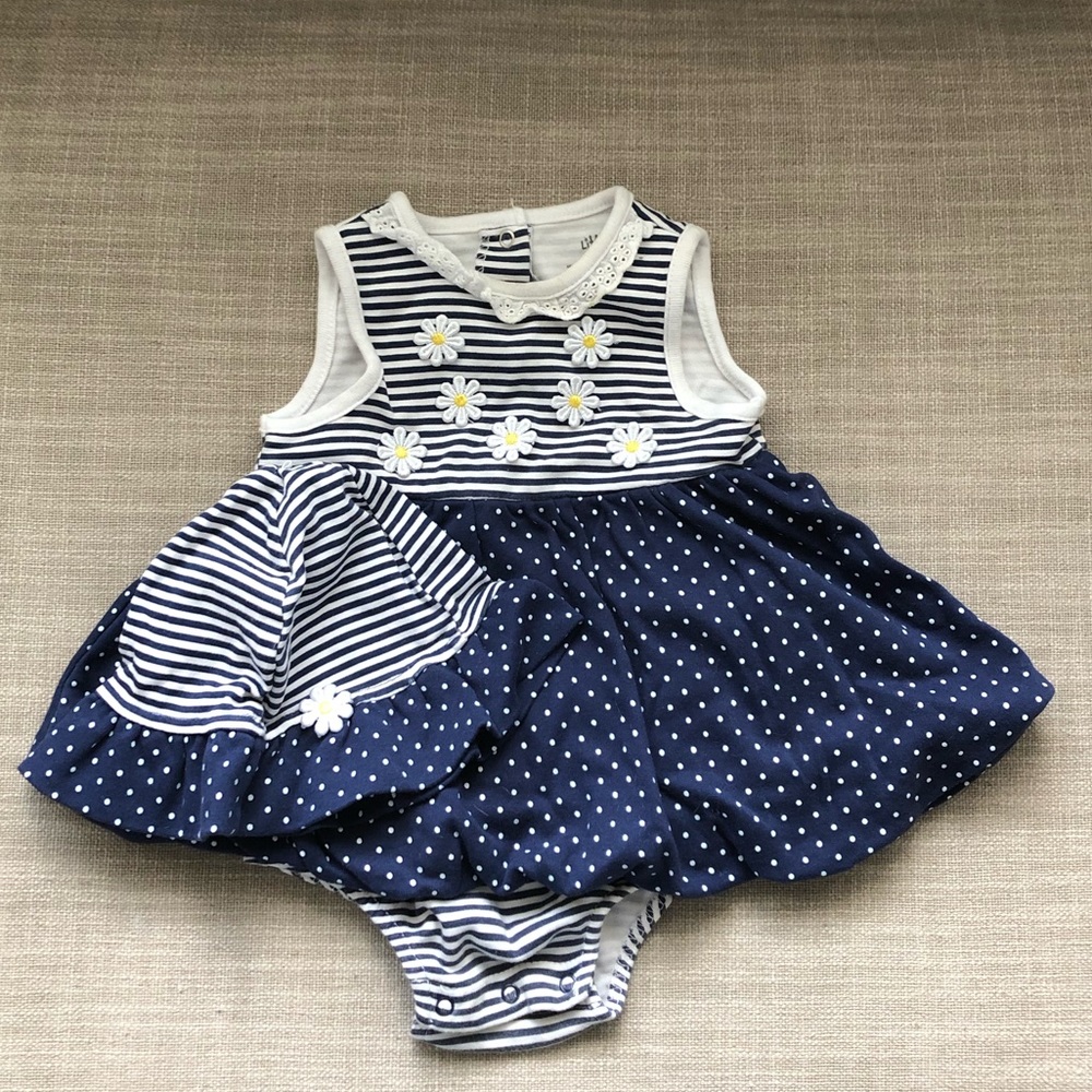 BOGO Set Little Me daisy dress and hat - white blue stripes and polka dots